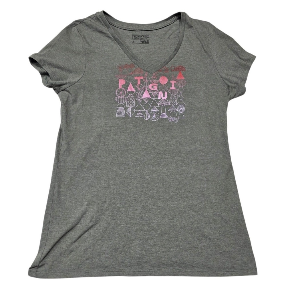 Patagonia Regular Fit V-Neck Graphic T-Shirt Women Small Gray Short Sleeve Logo